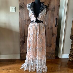 Wayf Sheer Mesh Halter‎ Maxi Dress Embroidery Flowers